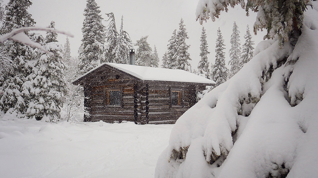 A small wooden cottage in snowy forest landscape. It is snowing.