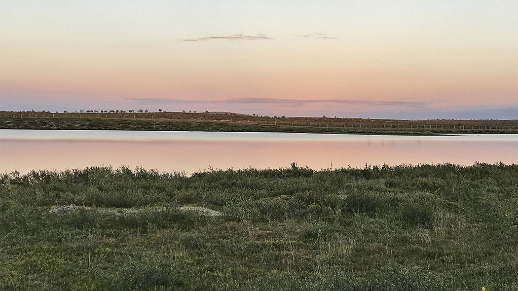 Heleän punainen taivas, etualalla vihreää nurmikkoa ja keskellä kuvassa sininen järvi. Järven takana näkyy poroaitaa.