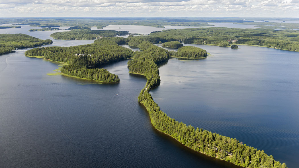 An aerial photograph of a lake landscape extending to the horizon. There are alternating lakes and forests in the landscape. A long and narrow esker can also be seen in the picture.