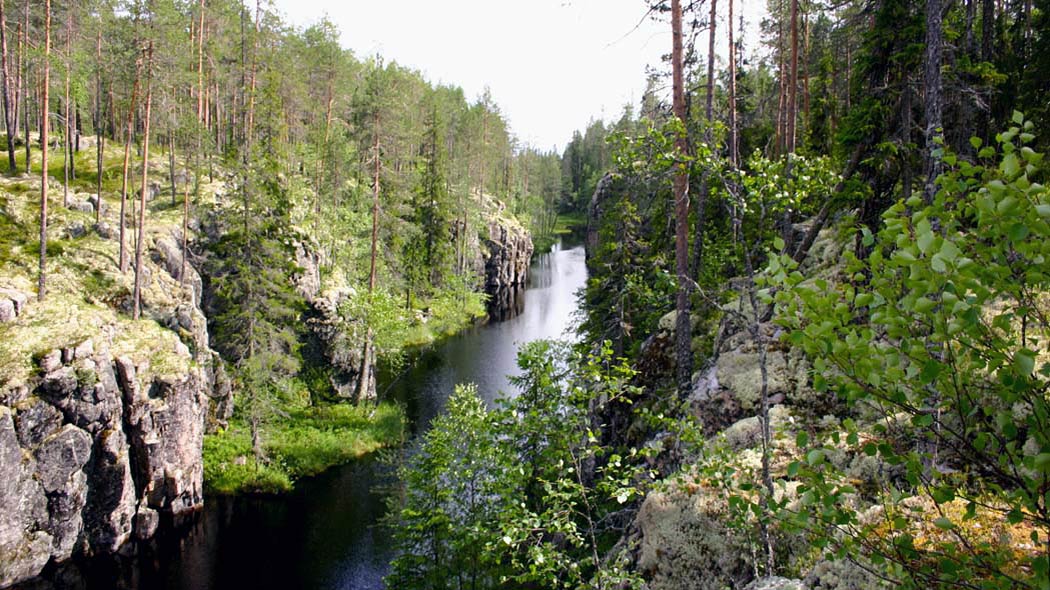 Joen molemmin puolin kohoaa jyrkät puustoiset kalliot.